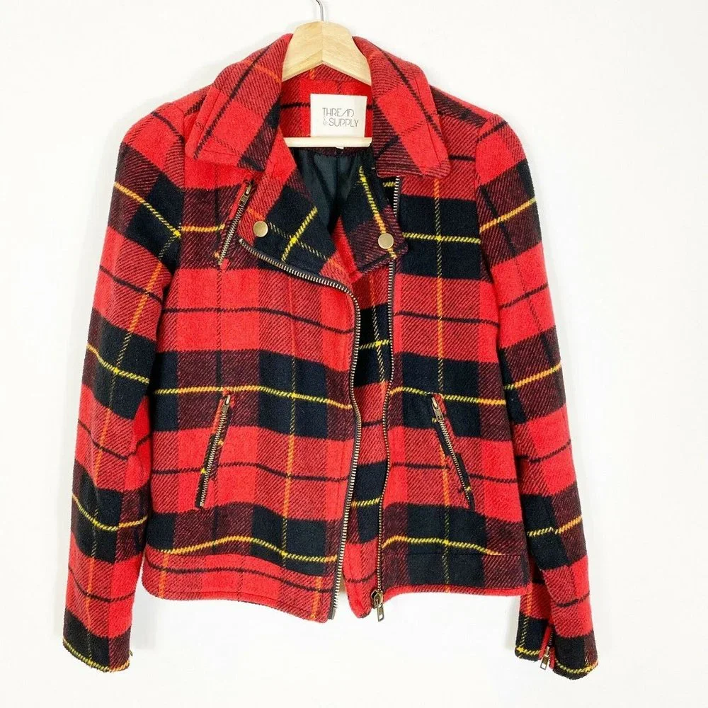 Thread & Supply Tartan Moto style zip jacket women’s Red black‎ size Small